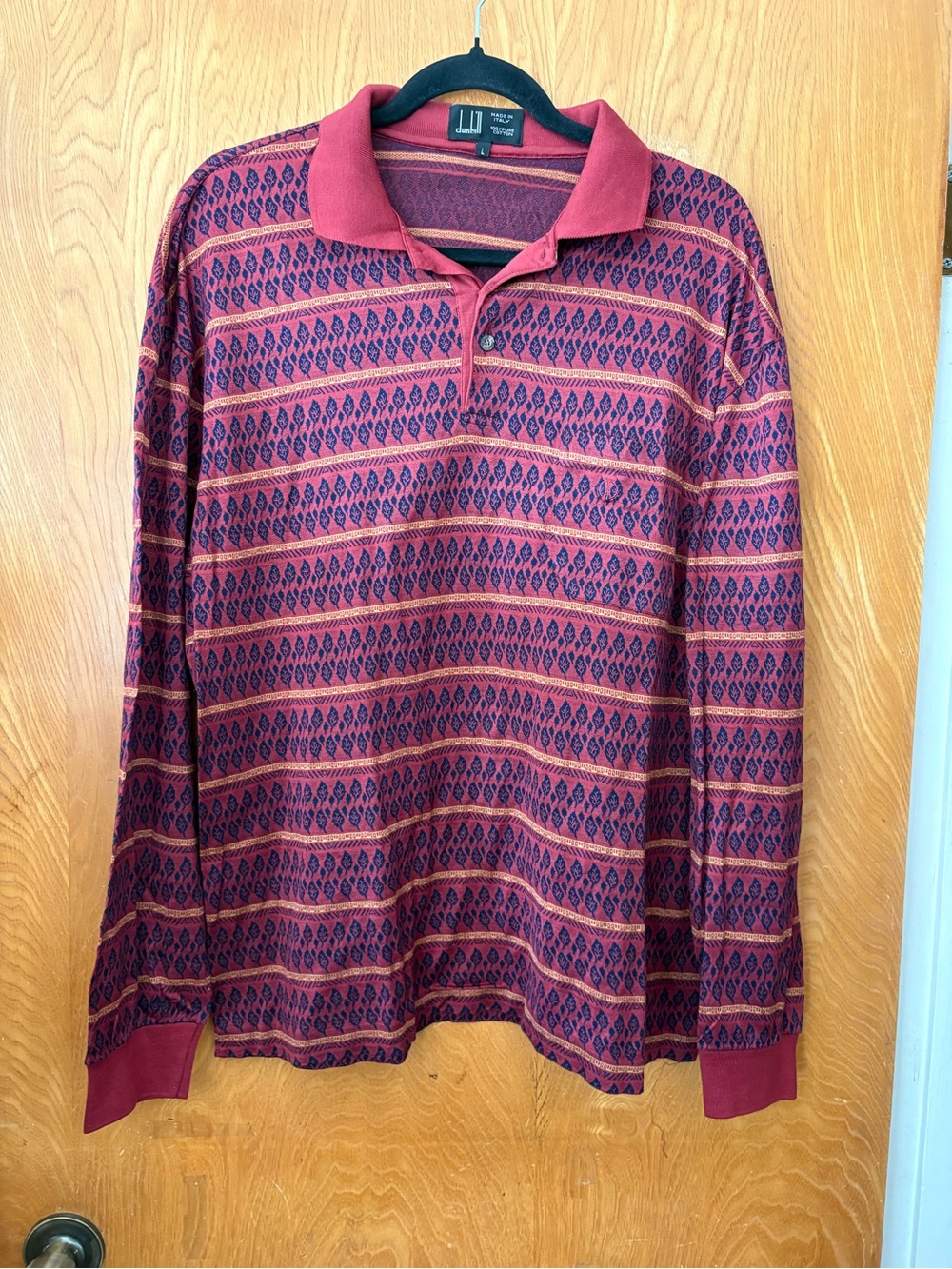 Vintage Dunhill Burgundy and Navy Geometric Long-Sleeve one pocket Polo L